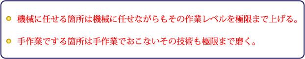 ・機械に任せる箇所は機械に任せながらもその作業レベルを極限まで上げる。・手作業でする箇所は手作業でおこないその技術も極限まで磨く。