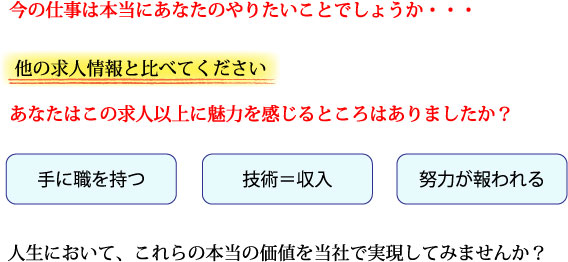 今の仕事は本当にあなたのやりたいことでしょうか・・・他の求人情報と比べてくださいあなたはこの求人以上に魅力を感じるところはありましたか？“手に職を持つ“　”技術＝収入“　”努力が報われる“人生において、これらの本当の価値を当社で実現してみませんか？
